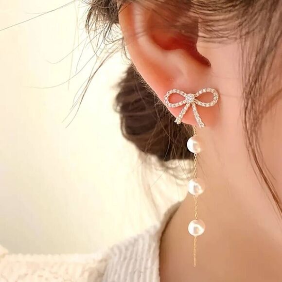 Elegant Vintage Bow Pearl Tassel Stud Earrings - Picture 2 of 9